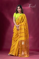 Golden yellow tissue matka muslin handloom jamdani saree