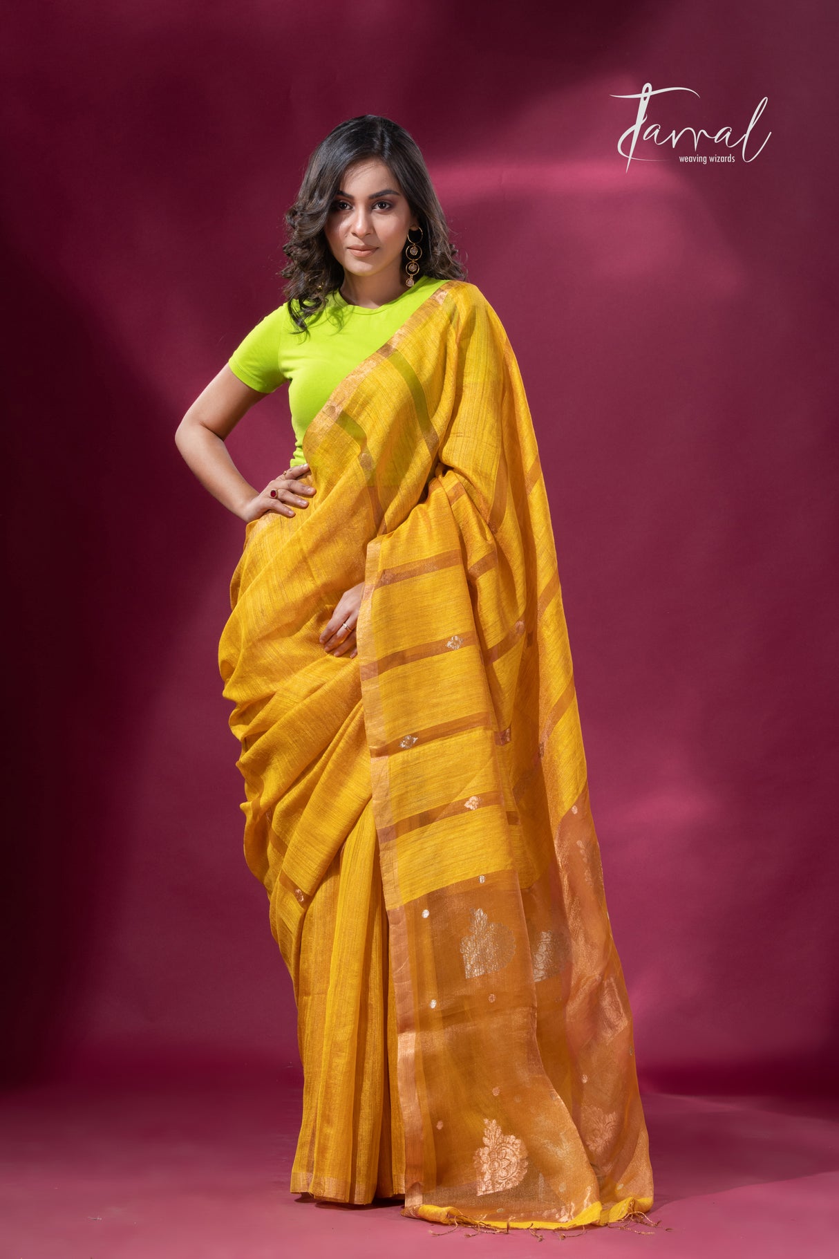 Golden yellow tissue matka muslin handloom jamdani saree