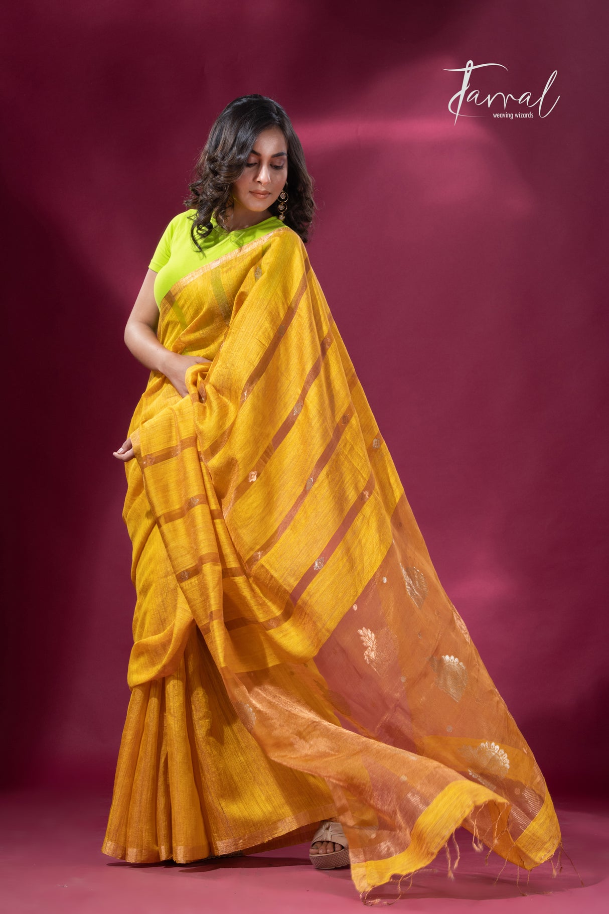 Golden yellow tissue matka muslin handloom jamdani saree