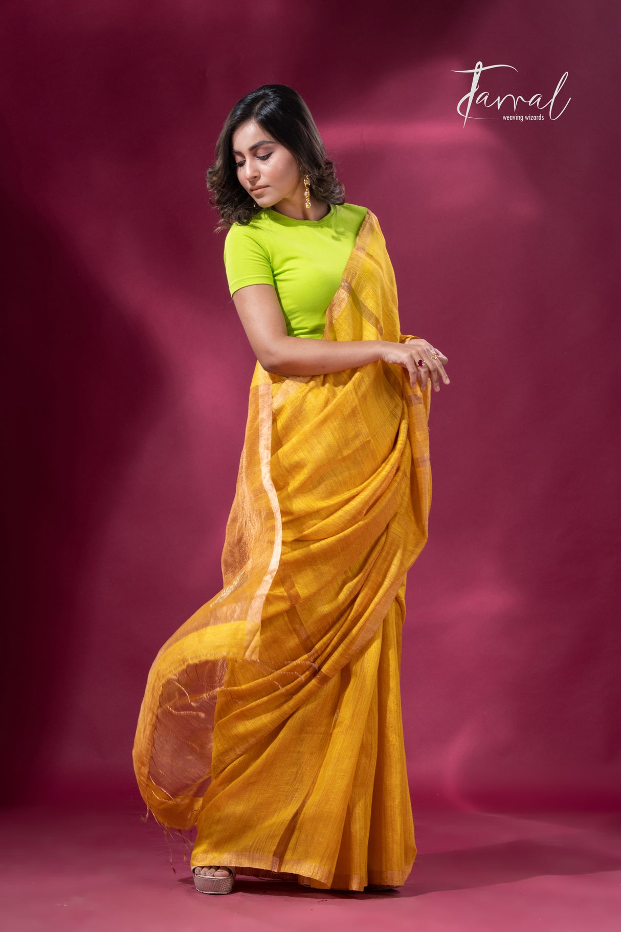 Golden yellow tissue matka muslin handloom jamdani saree