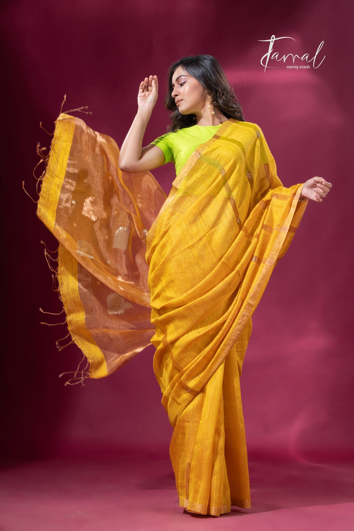 Golden yellow tissue matka muslin handloom jamdani saree