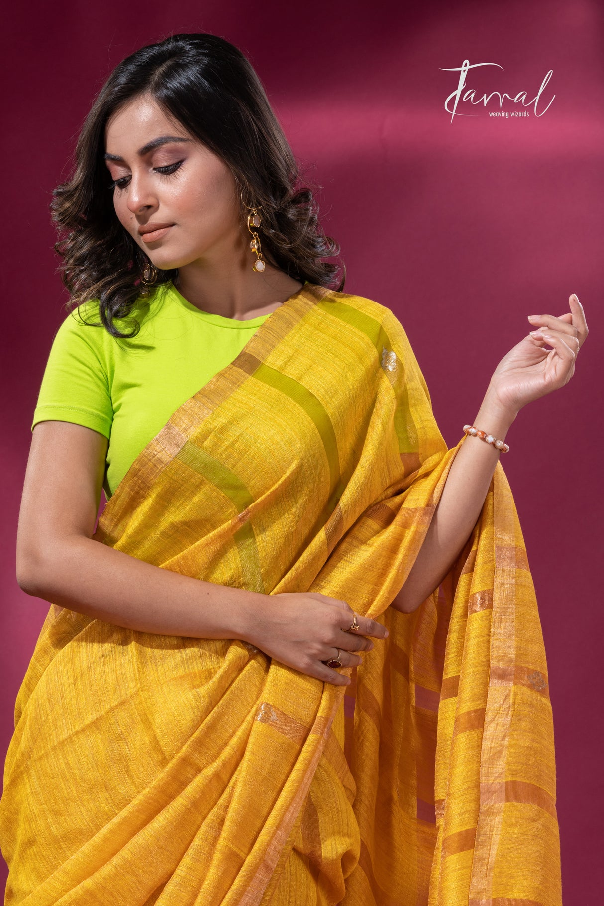 Golden yellow tissue matka muslin handloom jamdani saree