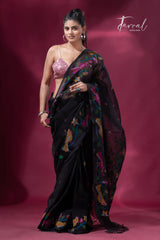 Black with colourful Cockatoos birds & floral motifs muslin silk handwoven jamdani saree