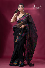 Black with colourful Cockatoos birds & floral motifs muslin silk handwoven jamdani saree