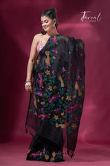 Black with colourful Cockatoos birds & floral motifs muslin silk handwoven jamdani saree