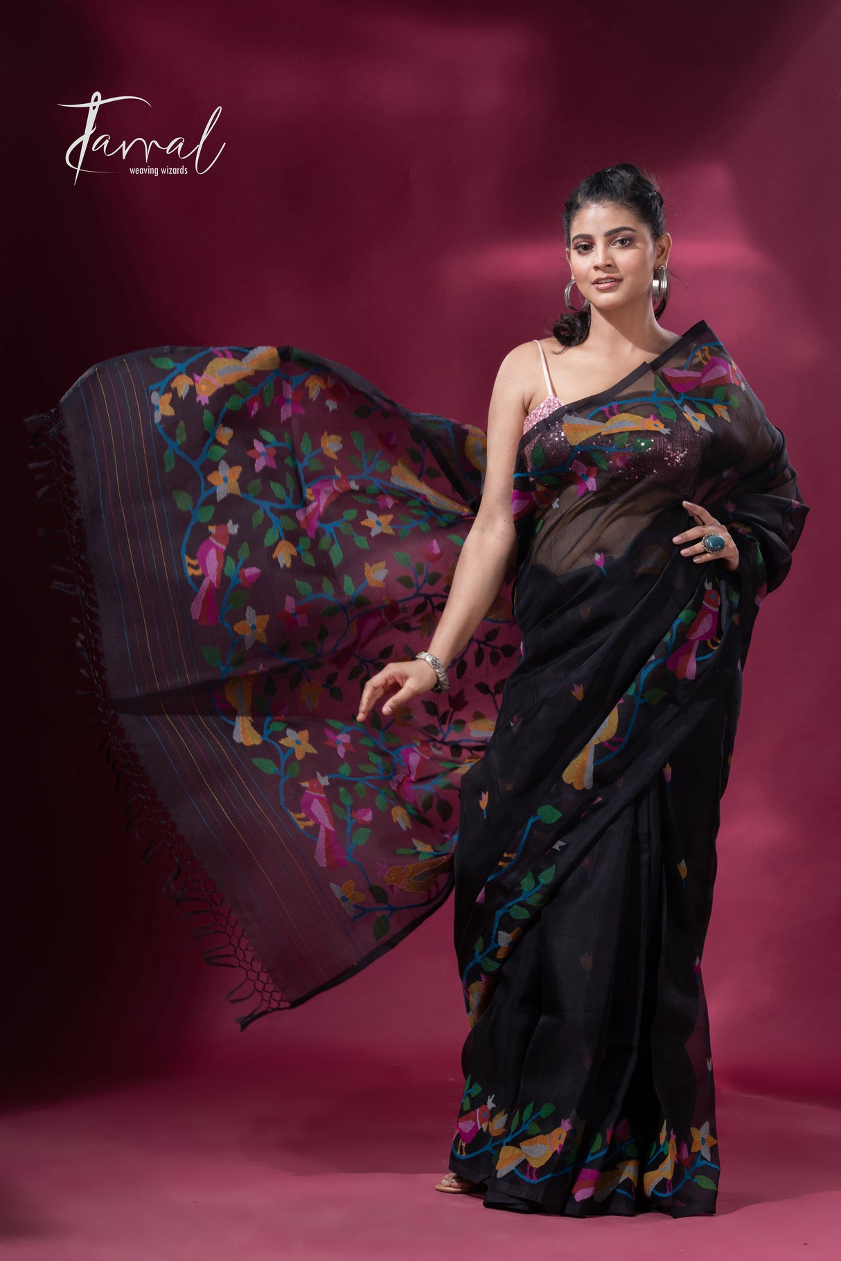 Black with colourful Cockatoos birds & floral motifs muslin silk handwoven jamdani saree