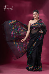 Black with colourful Cockatoos birds & floral motifs muslin silk handwoven jamdani saree