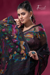 Black with colourful Cockatoos birds & floral motifs muslin silk handwoven jamdani saree