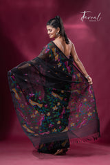 Black with colourful Cockatoos birds & floral motifs muslin silk handwoven jamdani saree