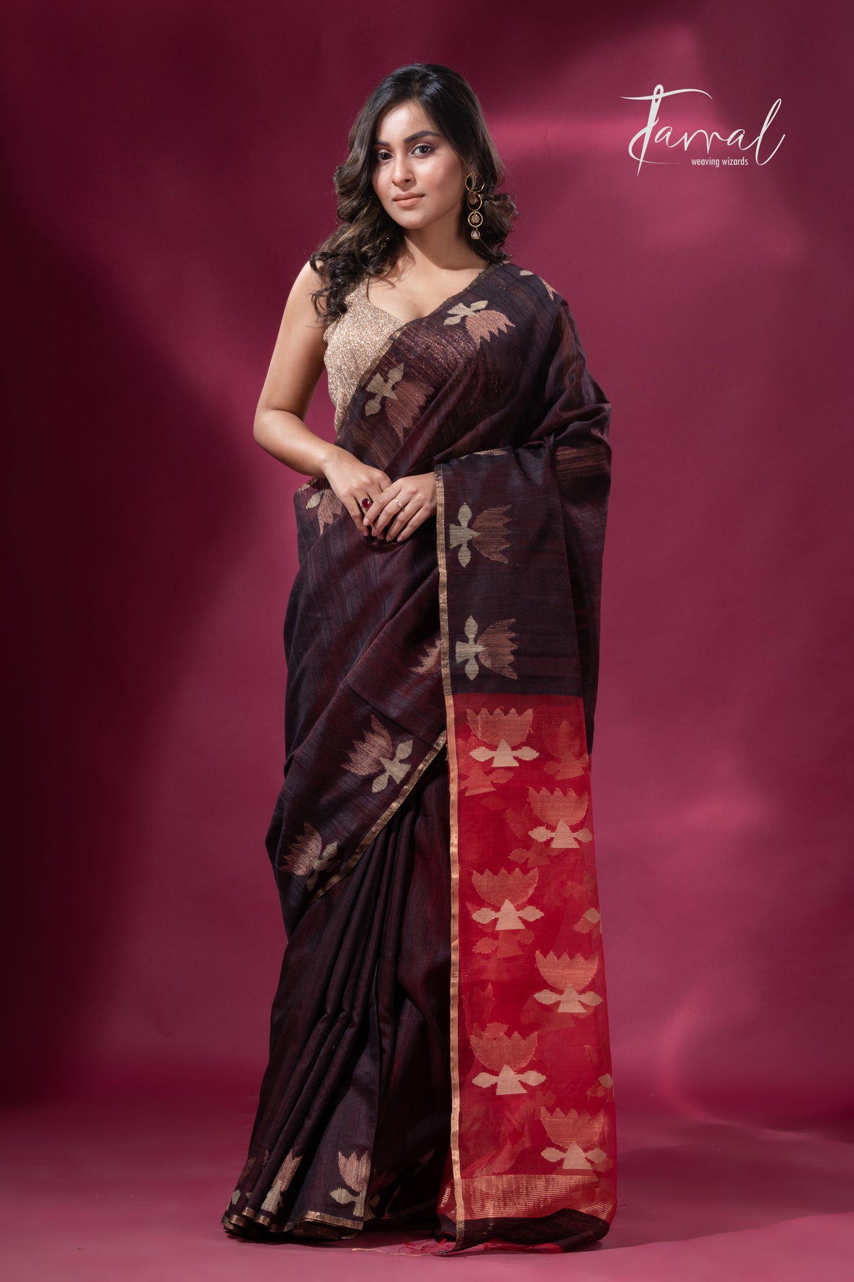 Dark brown with Red pallu golden lotus matka silk handwoven jamdani saree