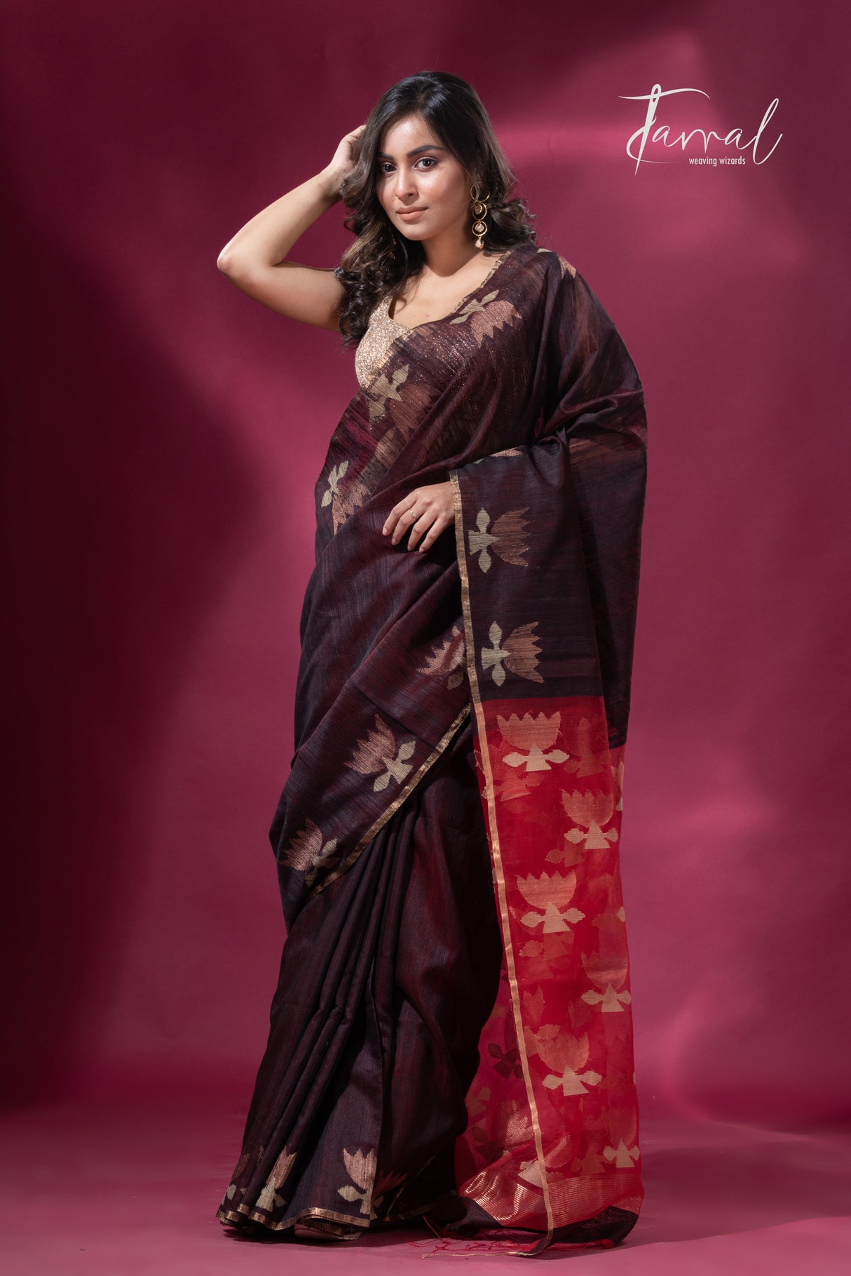 Dark brown with Red pallu golden lotus matka silk handwoven jamdani saree