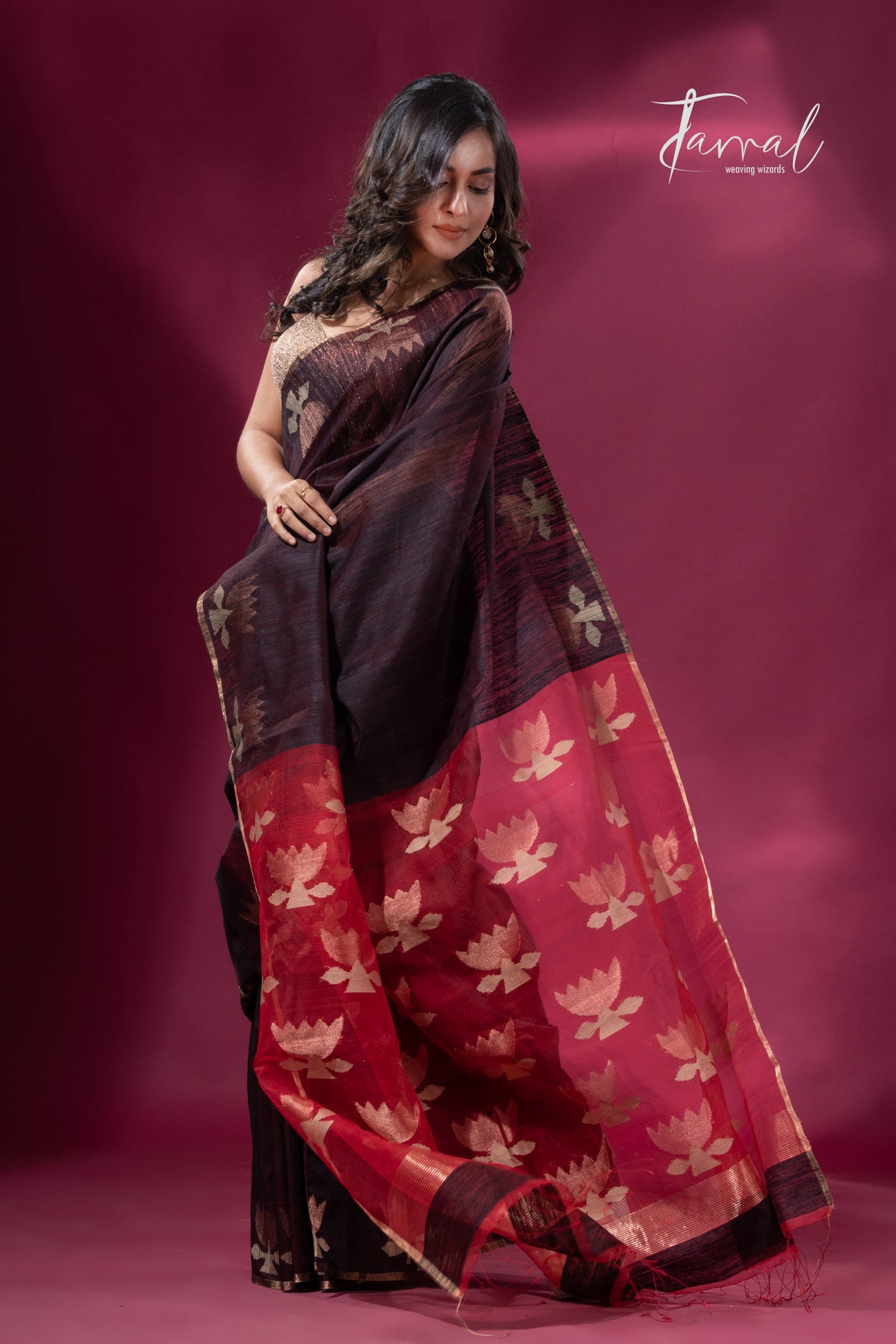 Dark brown with Red pallu golden lotus matka silk handwoven jamdani saree