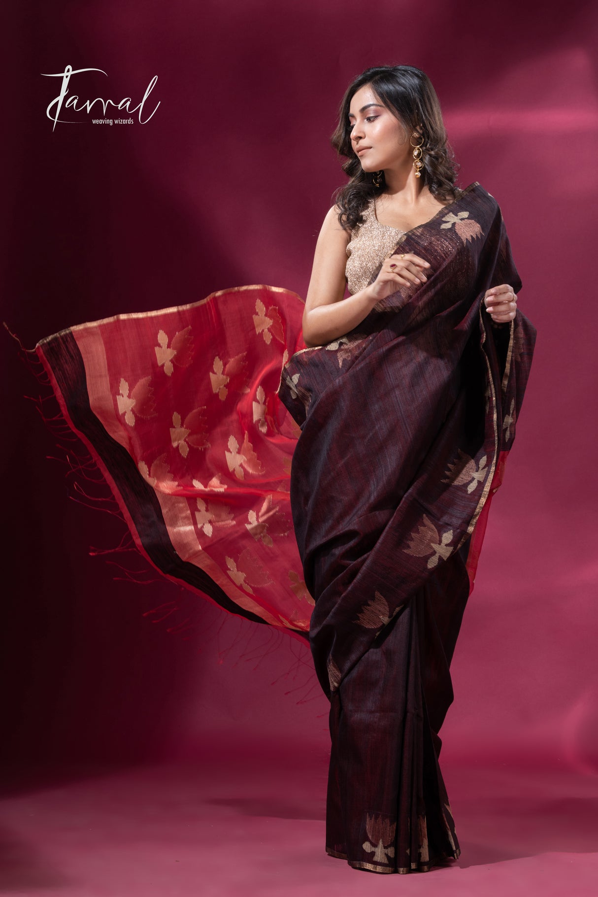 Dark brown with Red pallu golden lotus matka silk handwoven jamdani saree