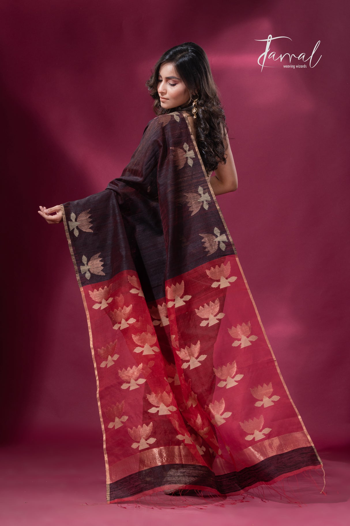 Dark brown with Red pallu golden lotus matka silk handwoven jamdani saree