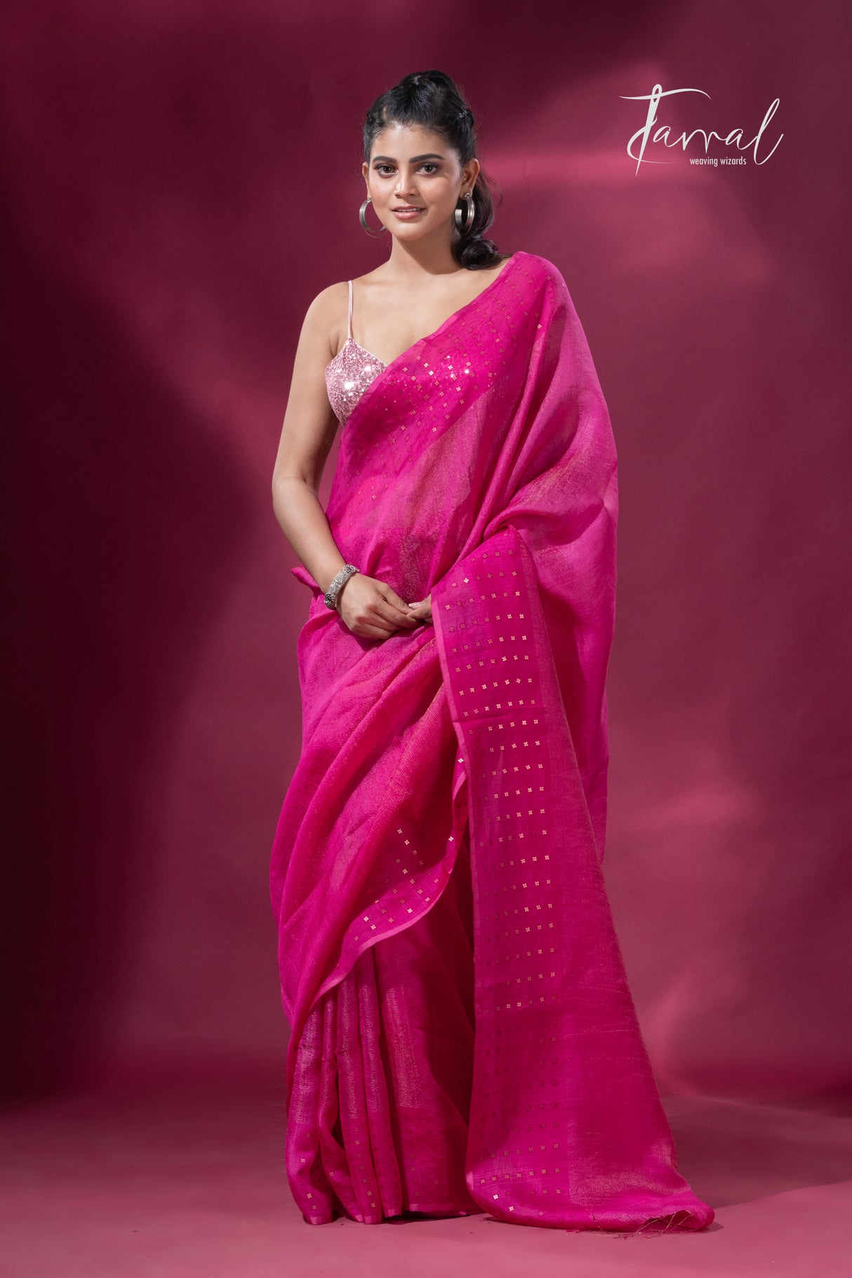 Hot pink noil tussar zari silk handloom border sequins Saree