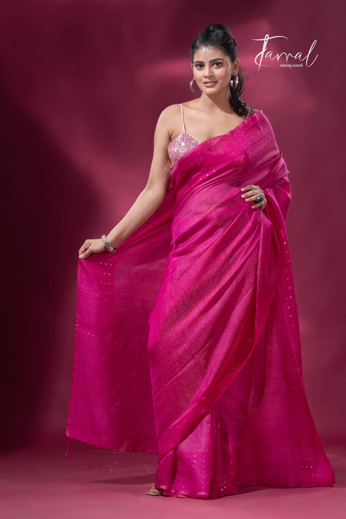 Hot pink noil tussar zari silk handloom border sequins Saree