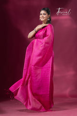 Hot pink noil tussar zari silk handloom border sequins Saree