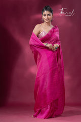 Hot pink noil tussar zari silk handloom border sequins Saree