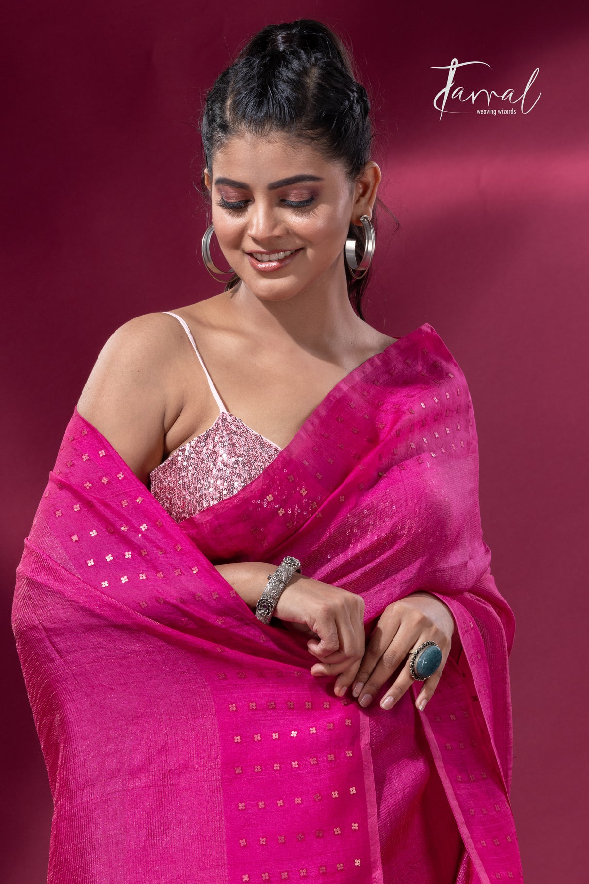 Hot pink noil tussar zari silk handloom border sequins Saree