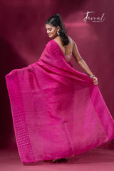 Hot pink noil tussar zari silk handloom border sequins Saree