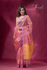 Pink with purple border allover floral motifs handwoven jamdani saree