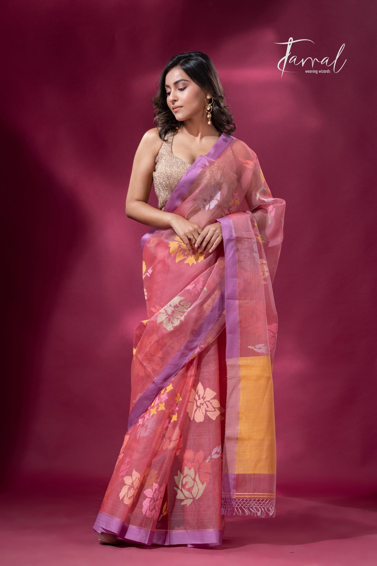 Pink with purple border allover floral motifs handwoven jamdani saree