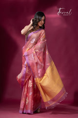 Pink with purple border allover floral motifs handwoven jamdani saree