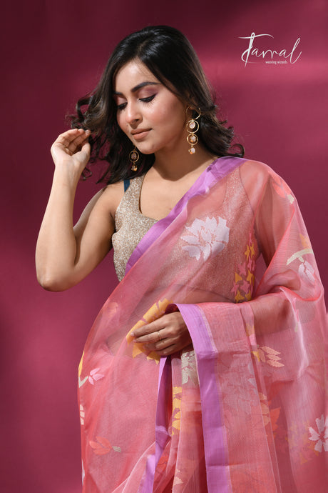 Pink with purple border allover floral motifs handwoven jamdani saree