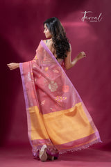 Pink with purple border allover floral motifs handwoven jamdani saree