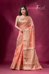 Peach with golden zari work organza Banarasi silk saree