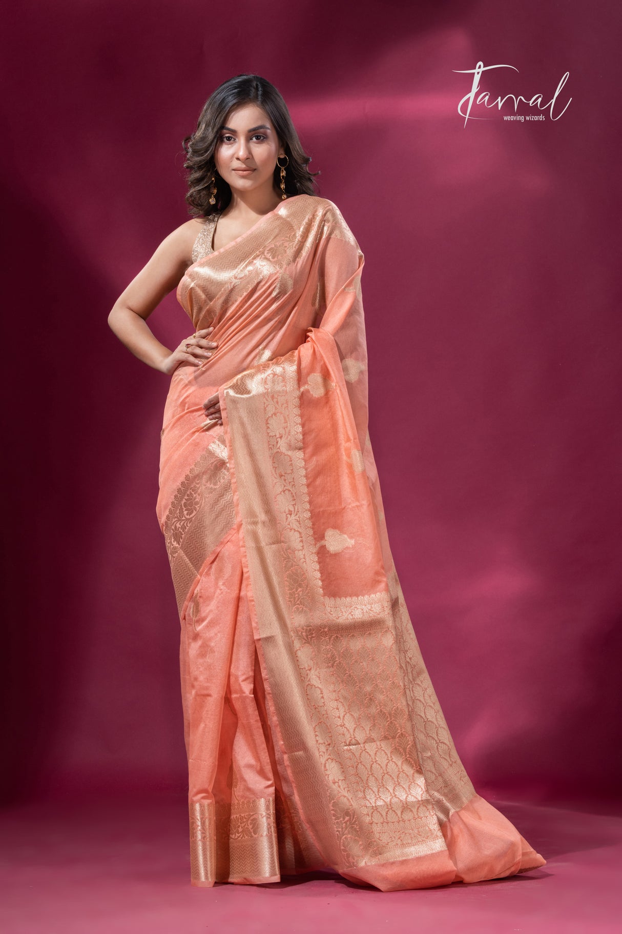 Peach with golden zari work organza Banarasi silk saree