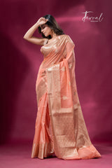 Peach with golden zari work organza Banarasi silk saree