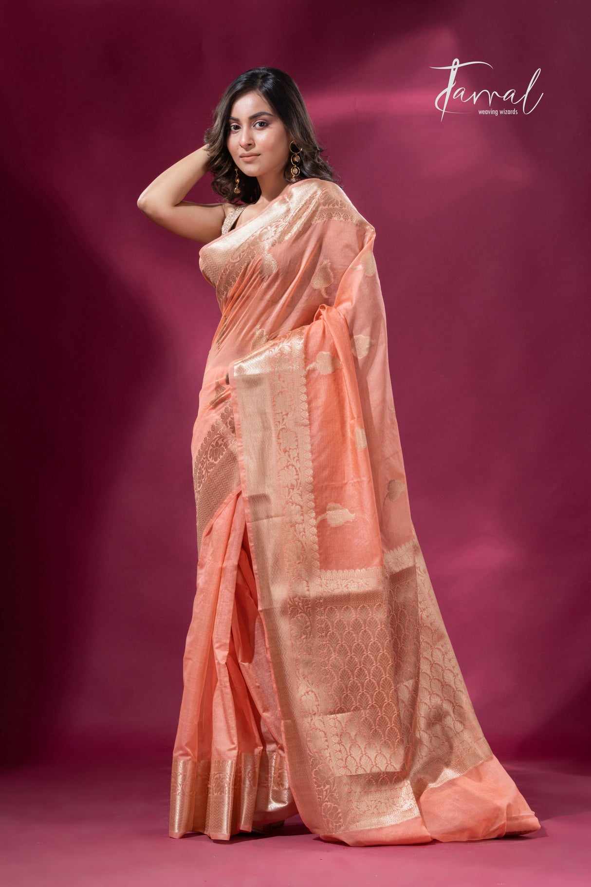 Peach with golden zari work organza Banarasi silk saree