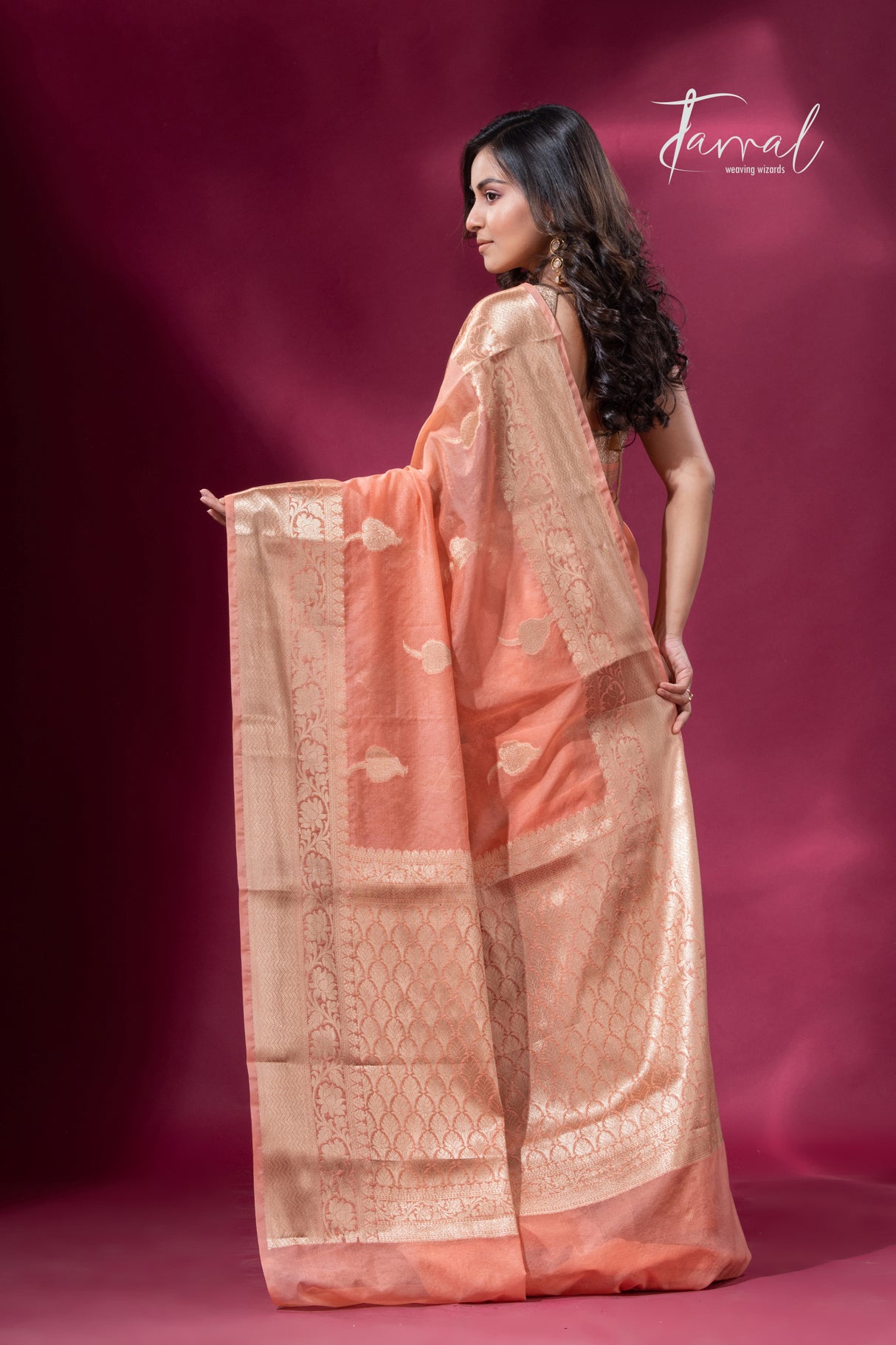 Peach with golden zari work organza Banarasi silk saree