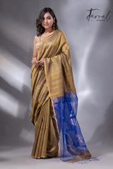 Yellow ochre bliss with  blue pallu matka silk handwoven jamadani saree