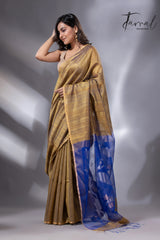 Yellow ochre bliss with  blue pallu matka silk handwoven jamadani saree