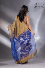 Yellow ochre bliss with  blue pallu matka silk handwoven jamadani saree