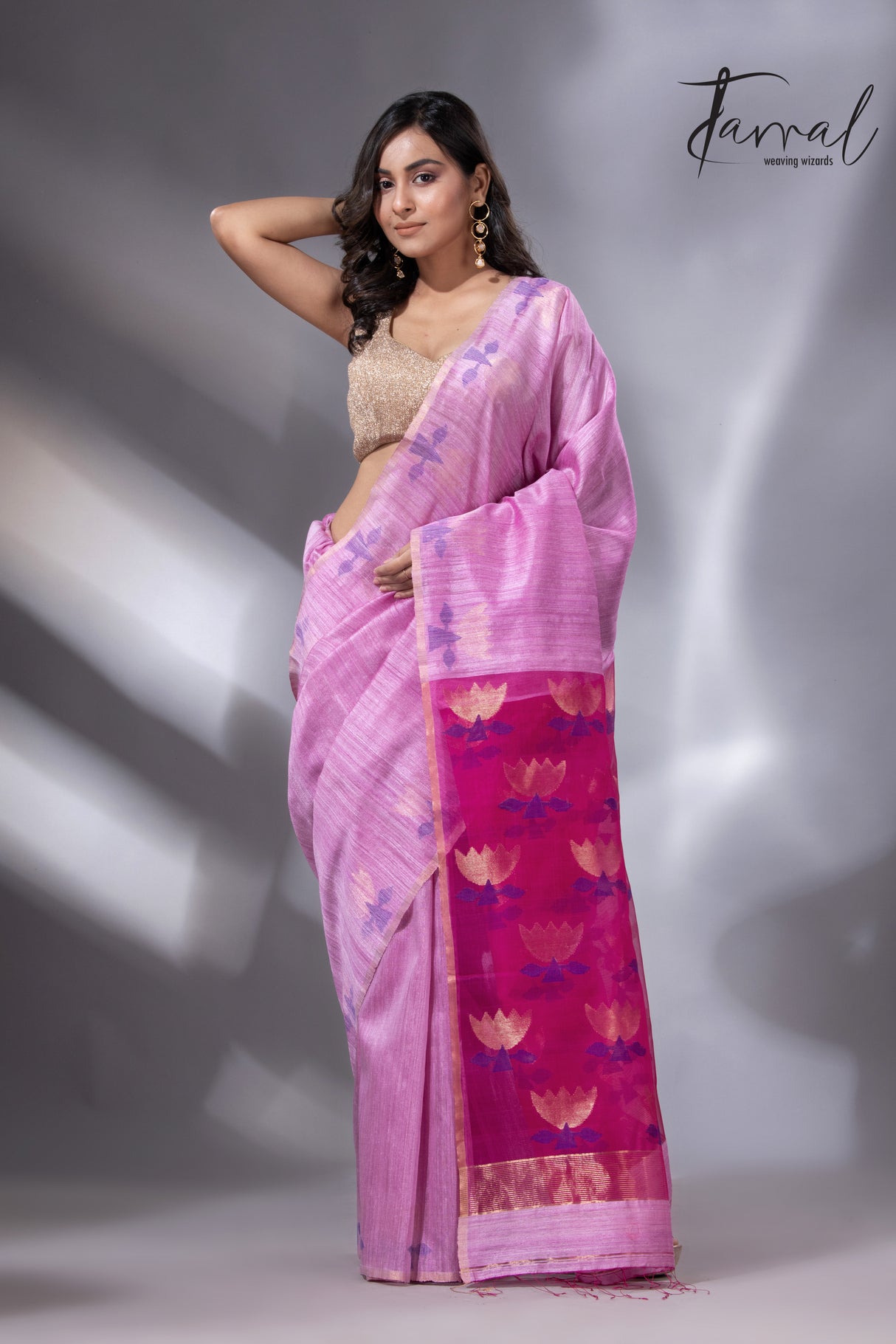 Light pink with rani golden lotus  pallu matka silk handwoven jamdani saree