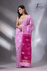 Light pink with rani golden lotus  pallu matka silk handwoven jamdani saree