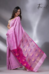 Light pink with rani golden lotus  pallu matka silk handwoven jamdani saree