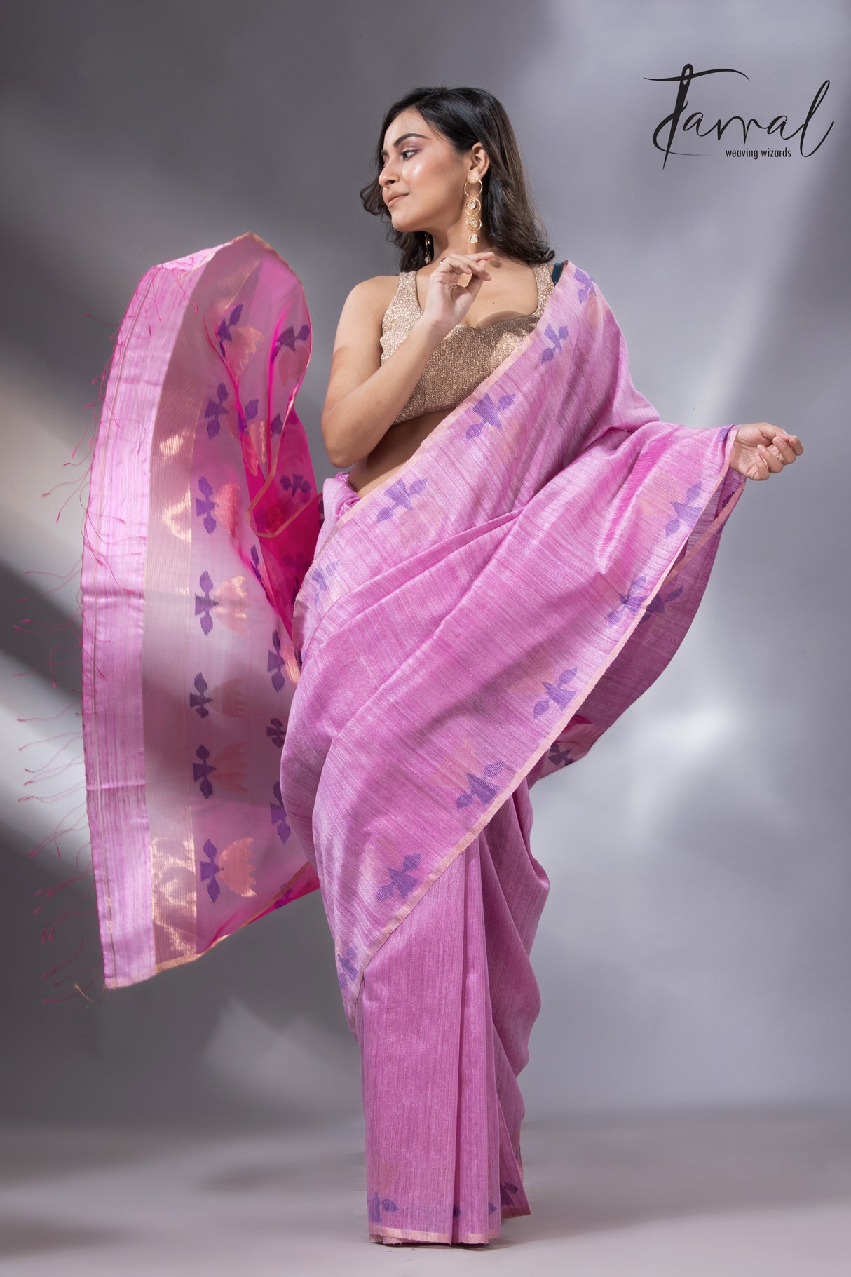 Light pink with rani golden lotus  pallu matka silk handwoven jamdani saree