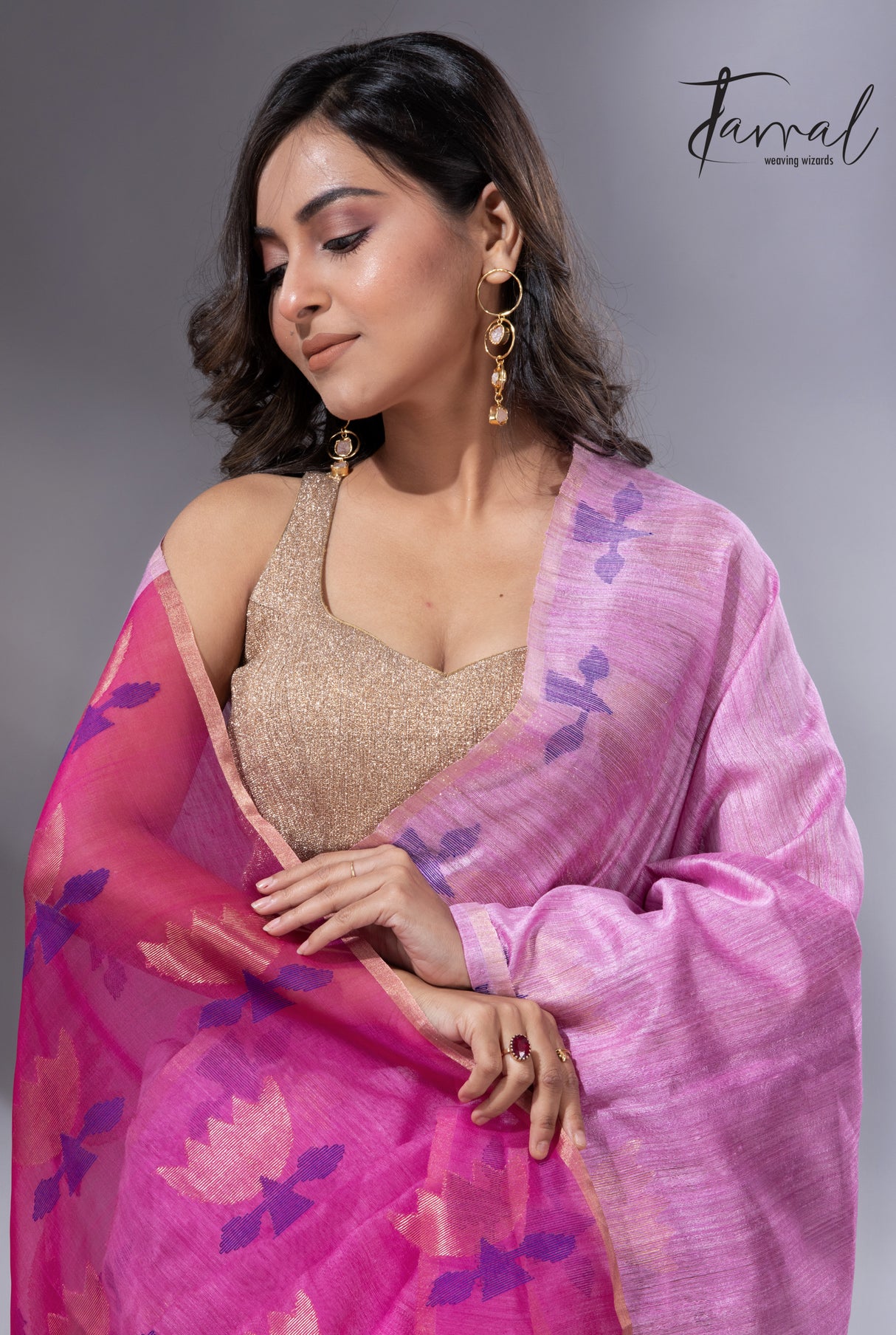 Light pink with rani golden lotus  pallu matka silk handwoven jamdani saree