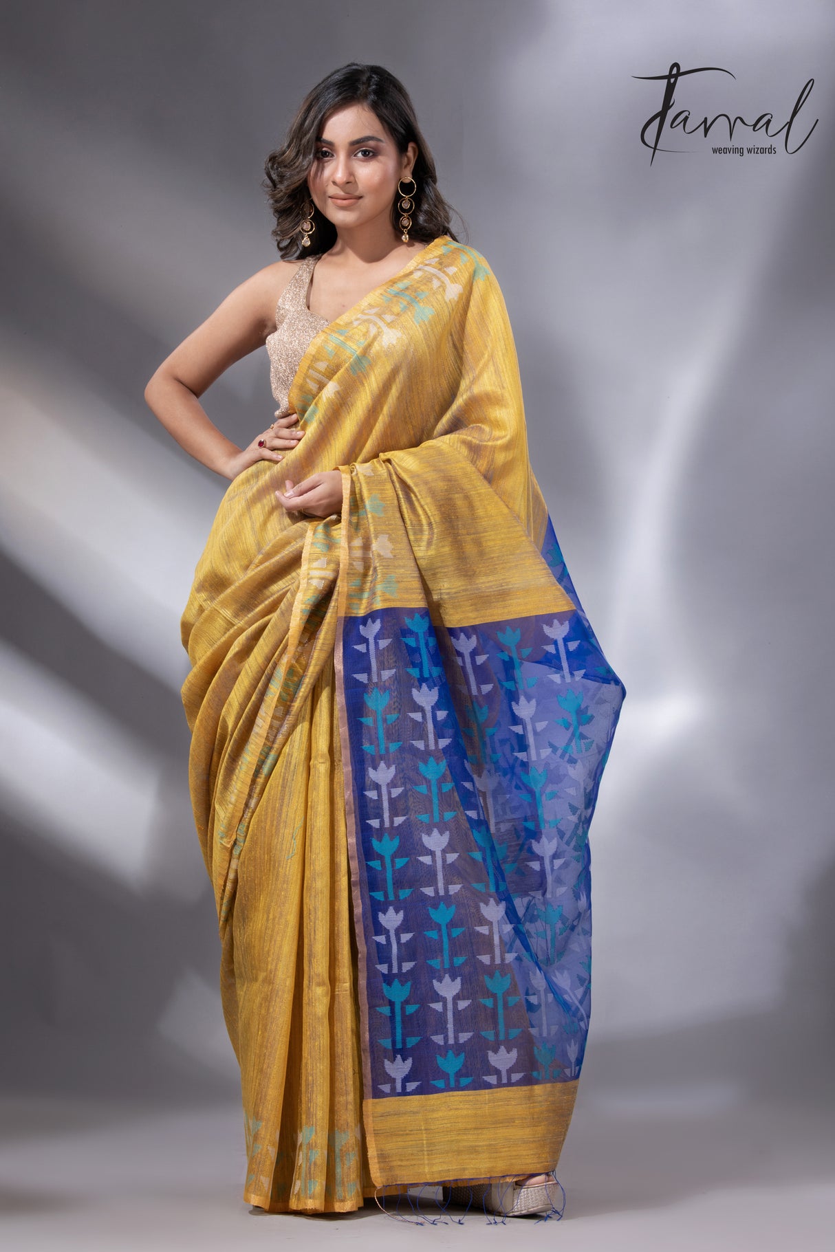 Golden Horizon with blue pallu matka silk handwoven jamdani saree