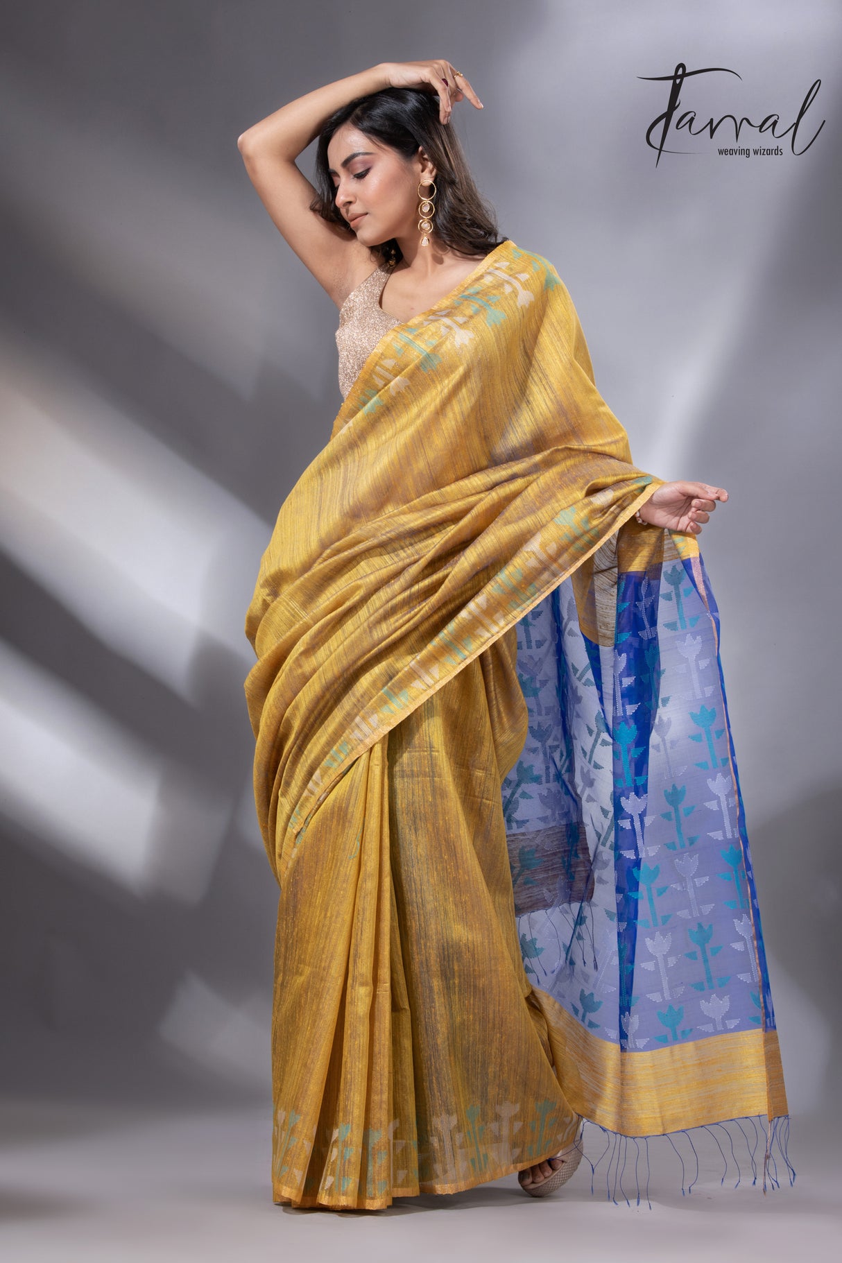 Golden Horizon with blue pallu matka silk handwoven jamdani saree