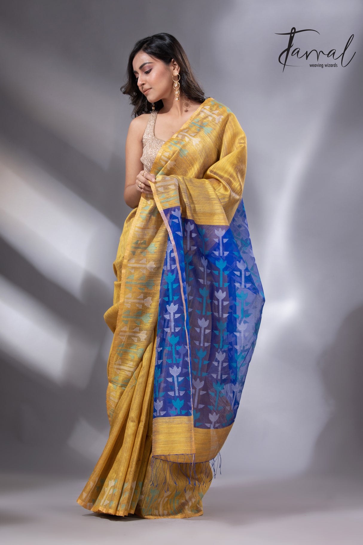 Golden Horizon with blue pallu matka silk handwoven jamdani saree