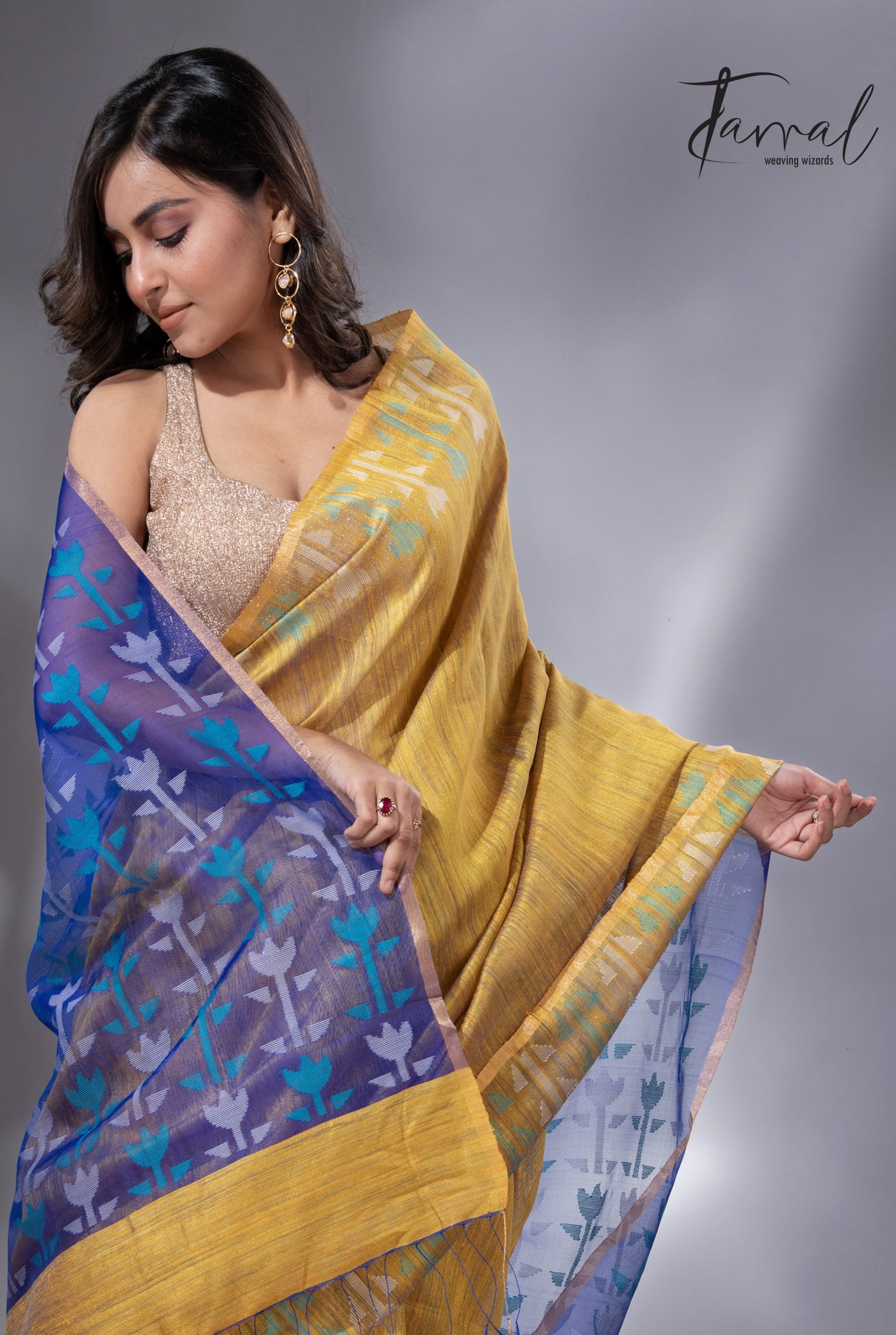 Golden Horizon with blue pallu matka silk handwoven jamdani saree