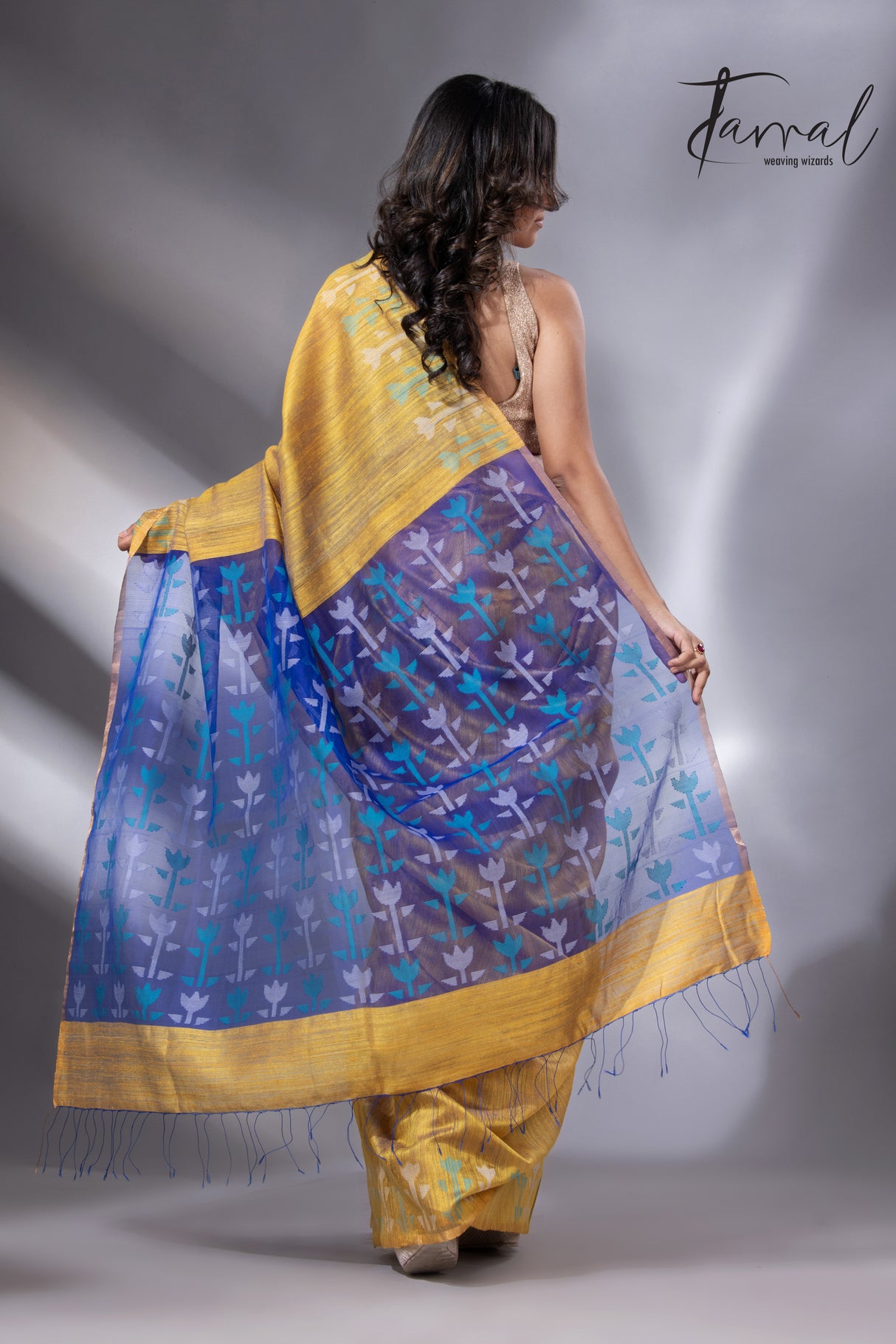 Golden Horizon with blue pallu matka silk handwoven jamdani saree