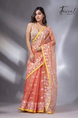 Rustic Elegance with yellow border organza muslin handloom jacquard jamdani saree