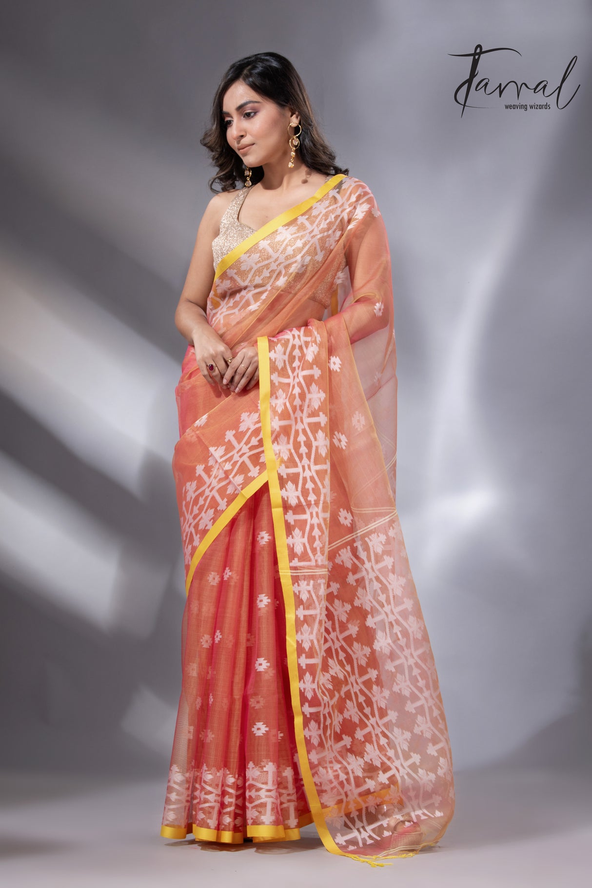 Rustic Elegance with yellow border organza muslin handloom jacquard jamdani saree