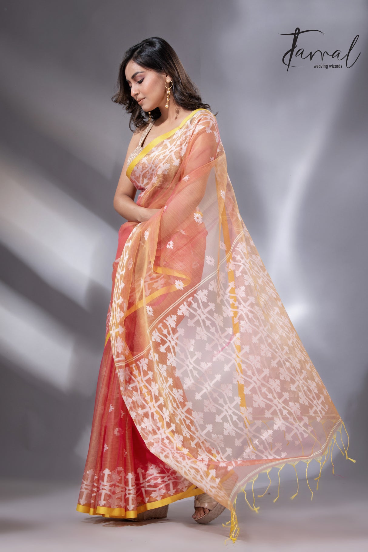 Rustic Elegance with yellow border organza muslin handloom jacquard jamdani saree